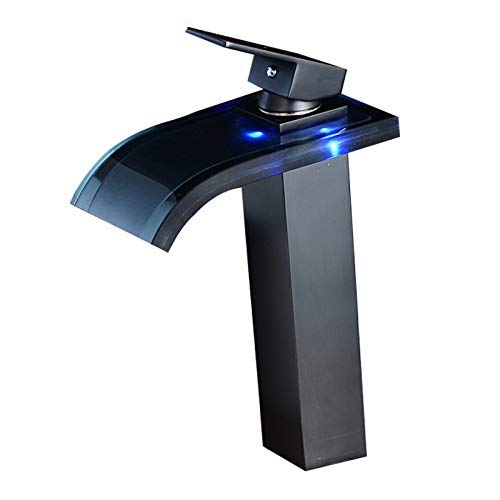 Wovier LED Water Flow Oil Rubbed Bronze Waterfall Bathroom Sink Faucet,Color Changing,Single Handle Single Hole Vessel Lavatory Faucet,Basin Mixer Tap Tall Body