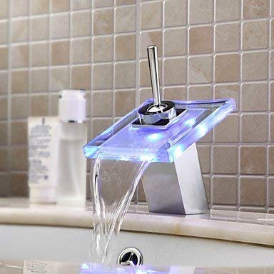 YAJO Modern Single Handle 360 Degree Rotating Lever Bathroom Glass Spout LED Color Changing Vessel Sink Faucet, Chrome