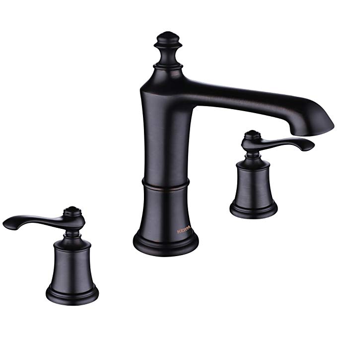 KERMAT 2-Handle Widespread Bathroom Faucet with Drain and Faucet Supply Lines, Oil Rubbed Bronze