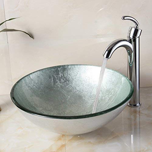 ELITE Tempered Bathroom Glass Vessel Sink With Silver Wrinkles Pattern & Single Lever Chrome Faucet