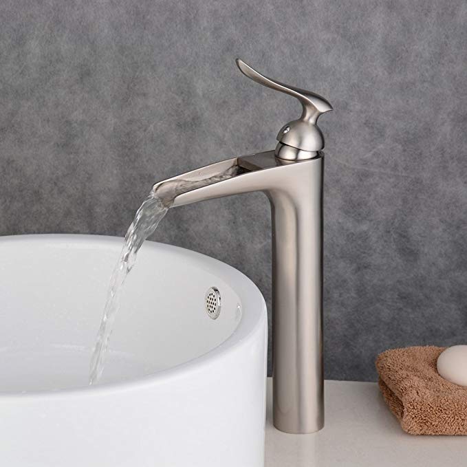 Ollypulse Brass Single Hole Single Handle Waterfall Bathroom Vessel Sink Faucet, Brushed Nickel