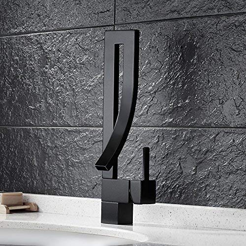 Jiuzhuo Modern Creative Design Single Lever Handle 1-Hole Bathroom Sink Faucet with Waterfall Spout (Black)