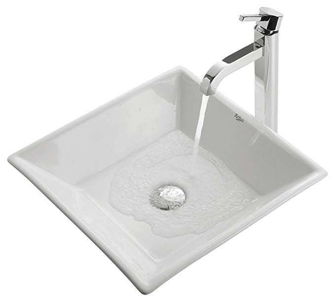 Kraus C-KCV-125-1007CH White Square Ceramic Sink and Ramus Faucet Chrome