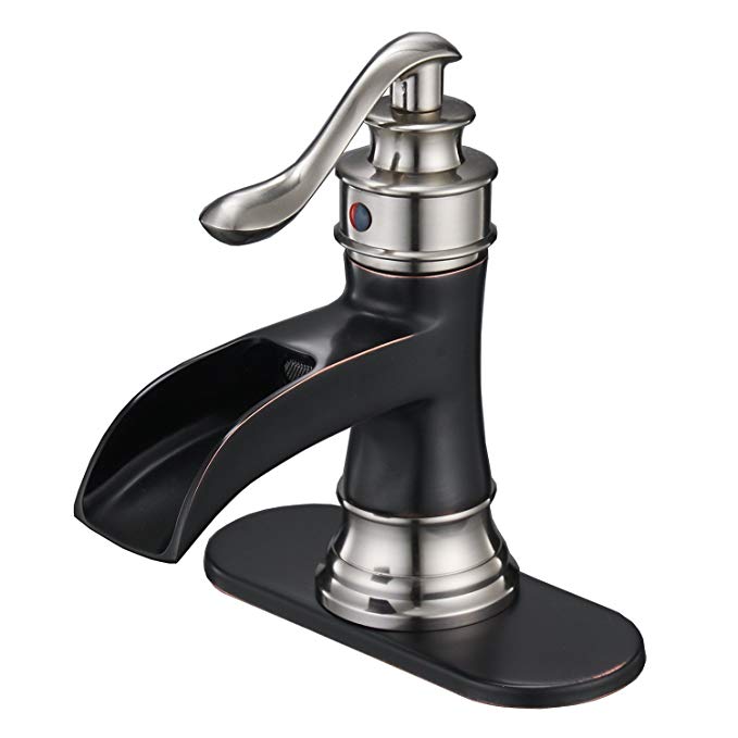 Bathlavish Brushed Nickel With Oil Rubbed Bronze Waterfall Bathroom Sink Faucet Single Hole One Handle Deck Mount Lavatory Faucet