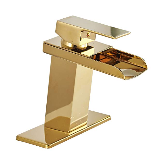 Bathlavish Bathroom Sink Faucet Open Channel Sheet Flow Waterfall Spout 1 Handle 1 Hole Deck Mount Lavatory Gold Mixer Tap