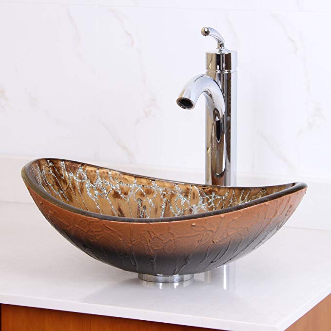 ELITE Unique Oval Artistic Bronze Tempered Bathroom Glass Vessel Sink & Chrome Single Lever Faucet