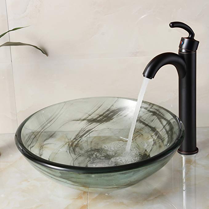 ELITE Bathroom Black Swirl Double Layer Glass Vessel Sink & Oil Rubbed Bronze Faucet Combo