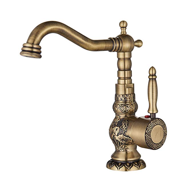 Rozin Classical Art Carved Swivel Spout Bathroom Sink Faucet Single Hole Deck Mount Basin Mixer Tap Antique Brass