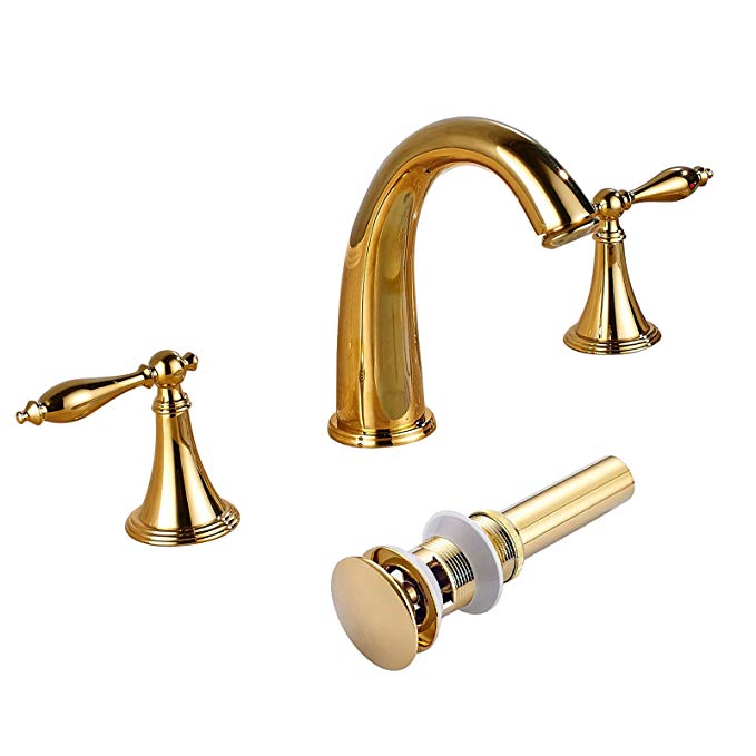 Senlesen Bathroom Widespread Basin Sink Faucet Deck Mounted Three Holes Lavatory Mixer Tap with Pop Up Drain Gold Polished