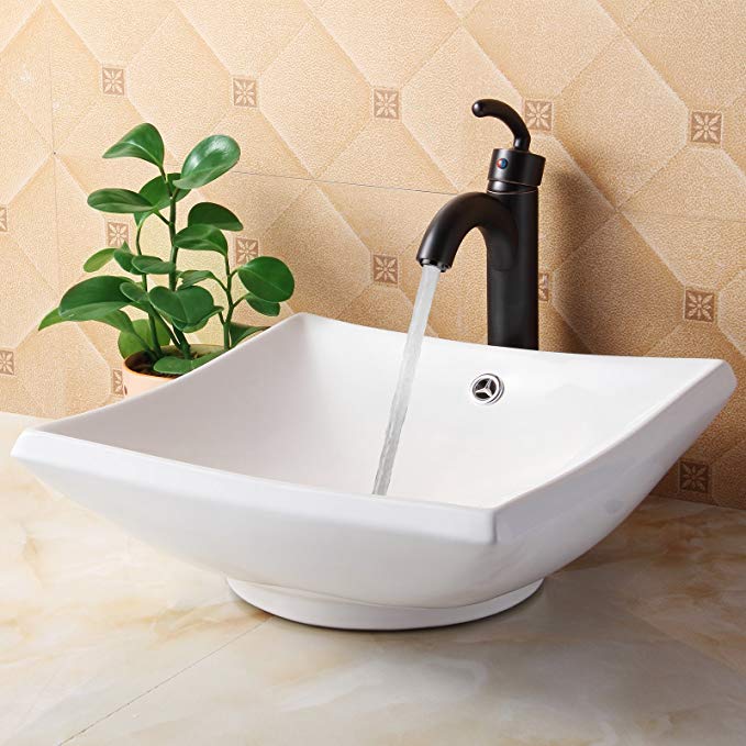 ELITE Bathroom Square White Ceramic Porcelain Vessel Sink & Single Lever Oil Rubbed Bronze Faucet