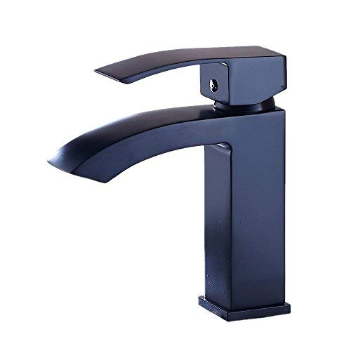 OWOFAN Single Handle Waterfall Bathroom Vanity Sink Faucet with Extra Large Rectangular Spout, Black 8068R