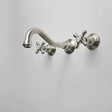 Zingcord Antique Traditional Wall Mounted Wall Mount Ceramic Valve Three Holes Two Handles Three Holes Brushed Bathroom Sink Faucet