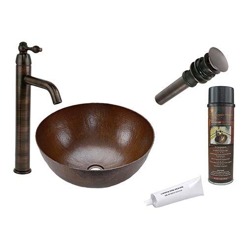 Premier Copper Products BSP1_VR13BDB Small Round Vessel Hammered Copper Sink with Single Handle Vessel Faucet, Oil Rubbed Bronze