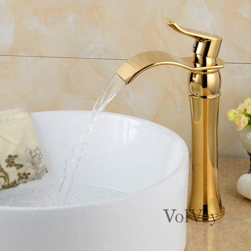 Volvey Bathroom Sink Faucets Gold(ti-pvd) Waterfall Widespread Single Handle Single Hole Vessel Lavatory Faucets Discount Plumbing Fixtures High Quality