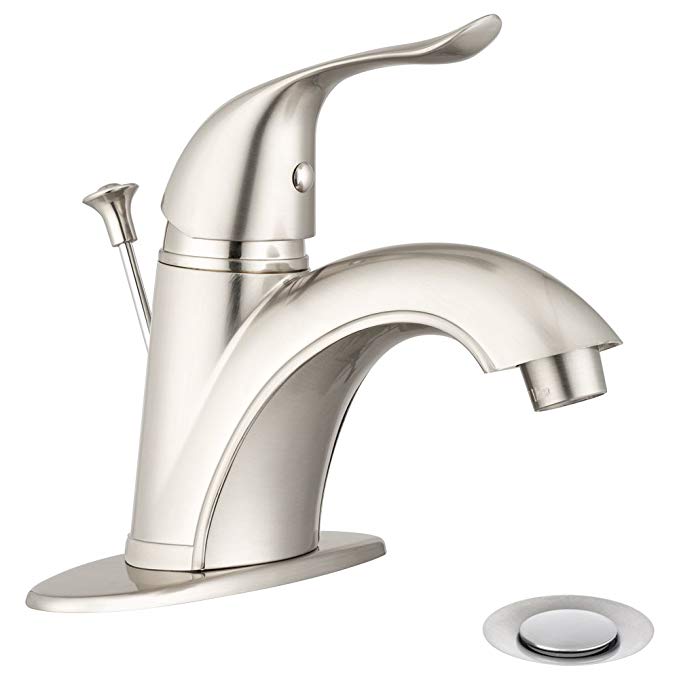 Quincy Bathroom Faucet by Pacific Bay (Brushed Satin Nickel) - Features a Classic Single Lever, Arc Spout, and a Pop Up Drain Stopper - Enjoy this Beautiful Upgrade in any Bathroom