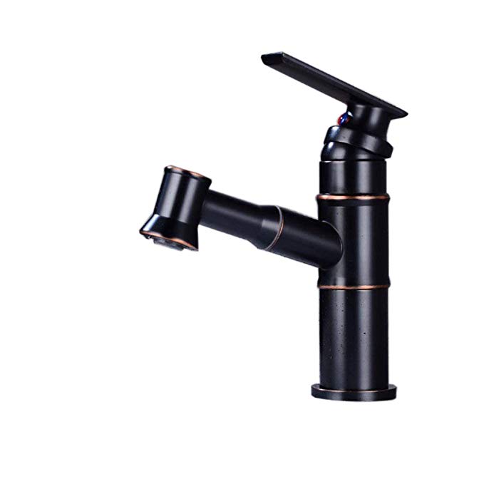 GGStudy Oil Rubbed Bronze Pull Out Bathroom Sink Faucet Swing Arm Deck Mount Lavatory