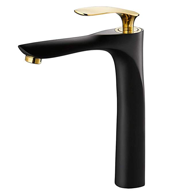 Modern Single Handle Bathroom Sink Vessel Faucet Basin Mixer Tap, Solid Brass Black&Gold (Tall 11.9inch) 228RK