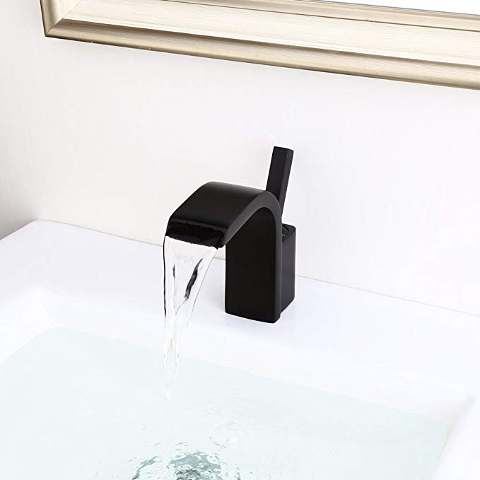 Lovedima Modern Single Joystick Handle Single Hole Solid Brass Waterfall Spout Bathroom Sink Faucet (Black)