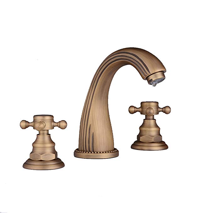 Beelee Antique Brass Deck Mounted Three Holes Dual Handle Widespread Bathroom Sink Faucet