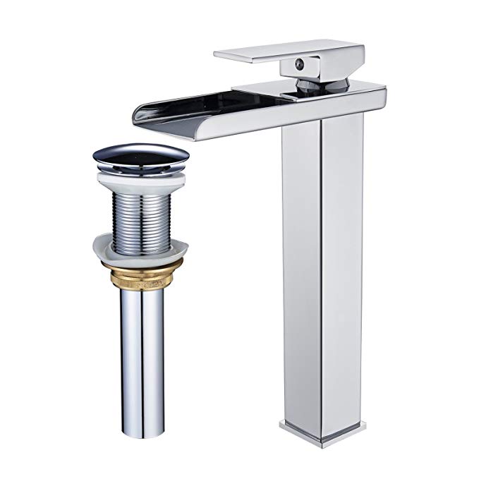 Senlesen Waterfall Spout Single Handle Lever Tall Body Bathroom Vessel Sink Mixe Tap Faucet and Pop Up Drain without Overflow Chrome