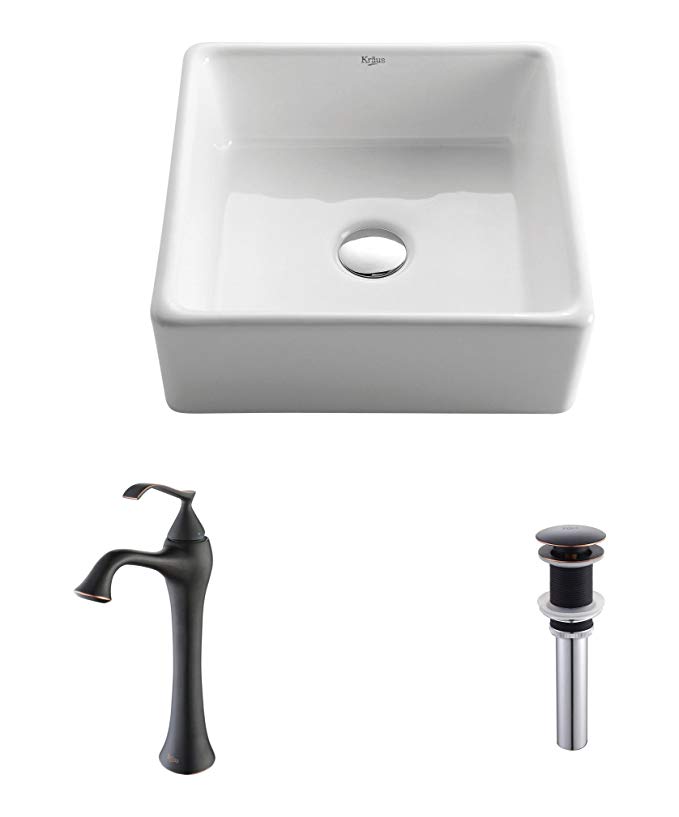 Kraus C-KCV-120-15000ORB White Square Ceramic Sink and Ventus Faucet Oil Rubbed Bronze