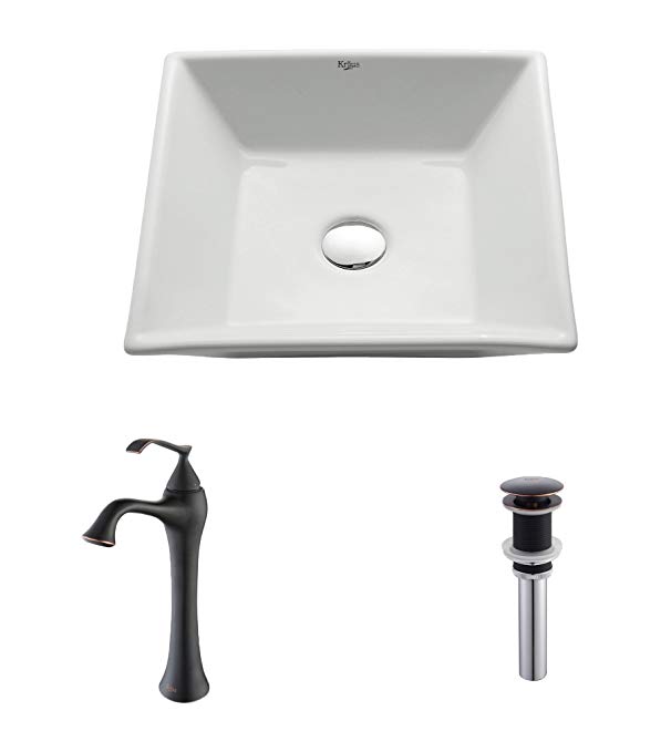 Kraus C-KCV-125-15000ORB White Square Ceramic Sink and Ventus Faucet Oil Rubbed Bronze