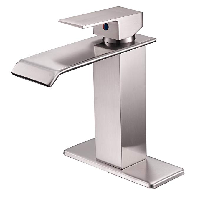 Bathfinesse Bathroom Sink Faucet Waterfall Spout Single Handle One Hole Lavatory Deck Mount Brushed Nickel