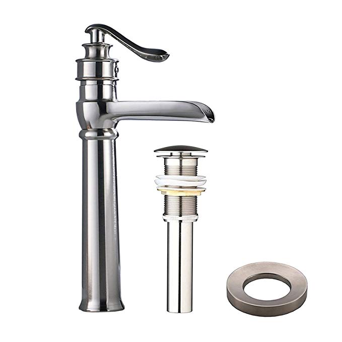 Votamuta Bathroom Single Lever Brushed Nickel Basin Vessel Sink Faucet One Handle Hole Mixer Tap with Pop Up Drain and Mounting Ring