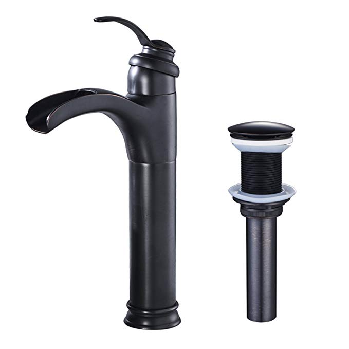 Senlesen Waterfall Single Hole Lever Bathroom Vessel Sink Faucet With Pop Up Drain Without Overflow Oil Rubbed Bronze