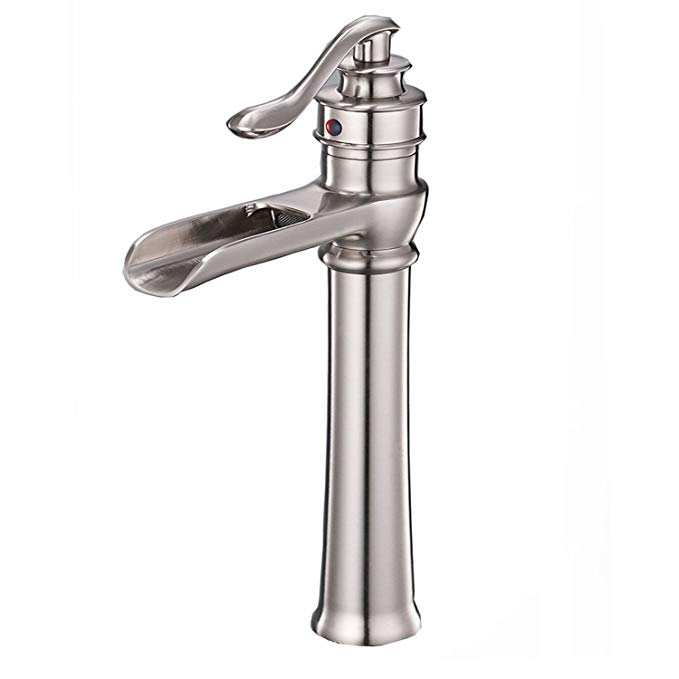 Homevacious Bathroom Faucet Vessel Sink Faucet Brushed Nickel Single Handle Bath Waterfall Lavatory Faucets One Hole Lever Tall Body Basin Mixer Tap Deck Mount Solid Brass Spout Supply Hose