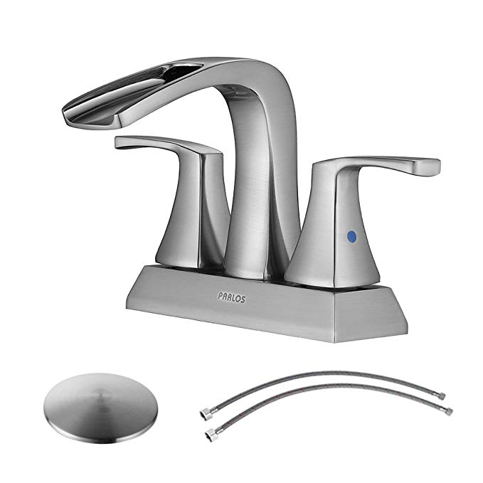 PARLOS 2 Handles Waterfall Bathroom Faucet with Pop-up Drain and Faucet Supply Lines, Brushed Nickel, Doris 14068