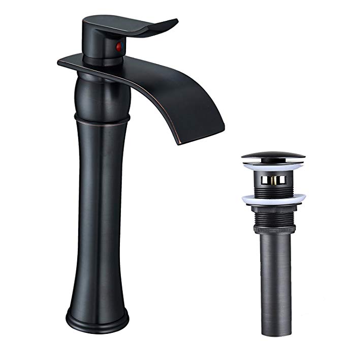 BWE Waterfall Spout Single Handle One Hole Oil Rubbed Bronze Bathroom Vessel Sink Faucet Deck Mount With Matching Pop Up Drain With Overflow