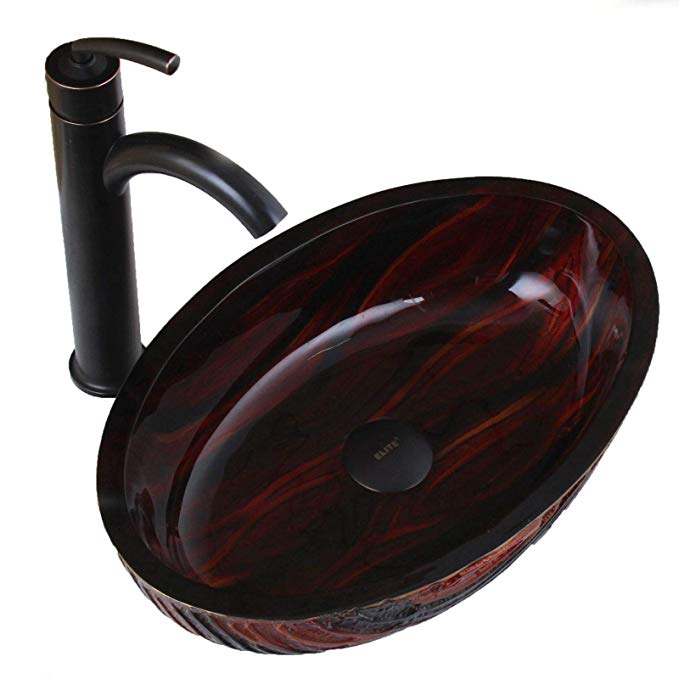 ELITE Bathroom Molten Lava Glass Vessel Sink & Oil Rubbed Bronze Single Lever Faucet