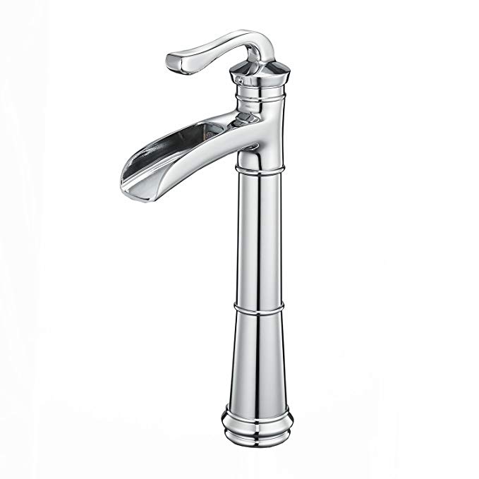 BWE Chrome Waterfall Single Handle One Hole Bathroom Vessel Sink Faucet Deck Mount Tall Body