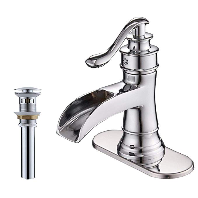 BWE Waterfall Bathroom Sink Faucets Single Handle Hole Lever Faucet Chrome Matching Pop Up Drain WIth Overflow