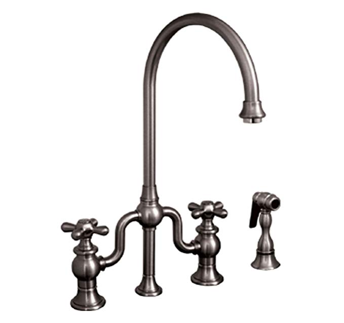 Whitehaus WHTTSCR3-9773SPR-MABRZ Haus 8 1/8-Inch Bridge Faucet with Long Gooseneck Swivel Spout, Cross Handles and Solid Brass Side Spray, Mahogany Bronze