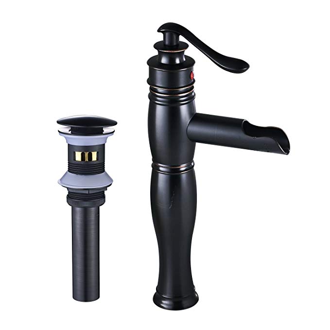 Rozin Tall Waterfall Bathroom Vessel Sink Faucet Single Lever Countertop Mixer Tap + Pop up Drain(with Overflow) Oil Rubbed Bronze