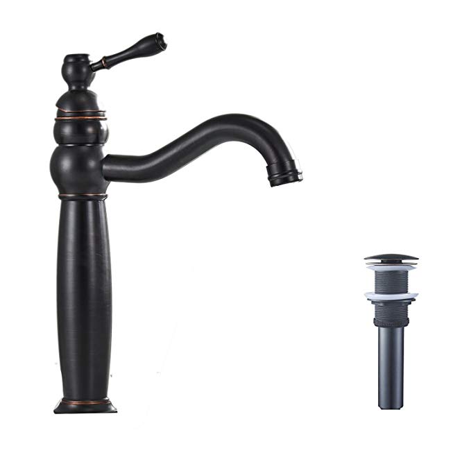 Bathfinesse Oil Rubbed Bronze Bathroom Vessel Sink Faucet Single Lever One Hole Deck Mount Matching Pop Up Drain Without Overflow