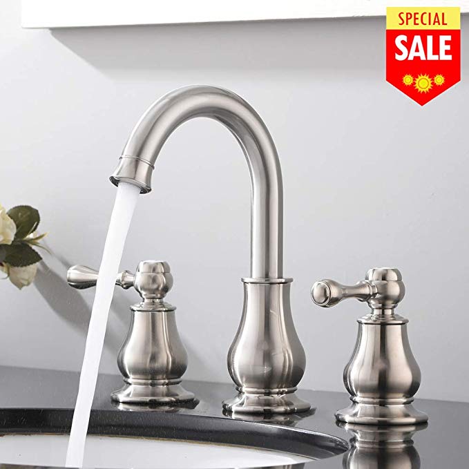 VESLA HOME Best Lead-free Solid Brass Stainless Steel Lead Free 2 Handles Three Holes Deck Mount Brushed Nickel Widespread Bathroom Faucet Without Pop Up Drain