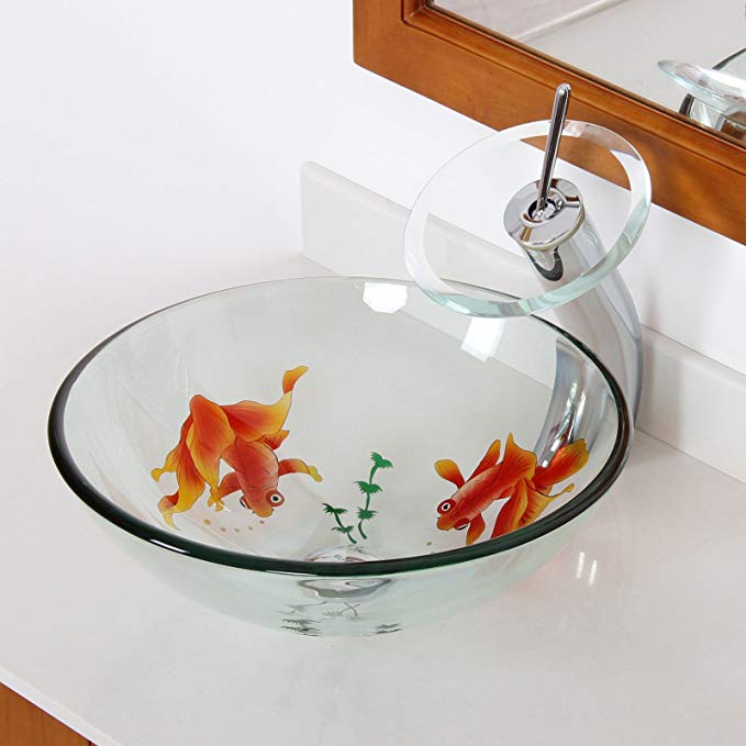 ELITE Bathroom Koi Fish Glass Vessel Sink & Chrome Waterfall Faucet Combo