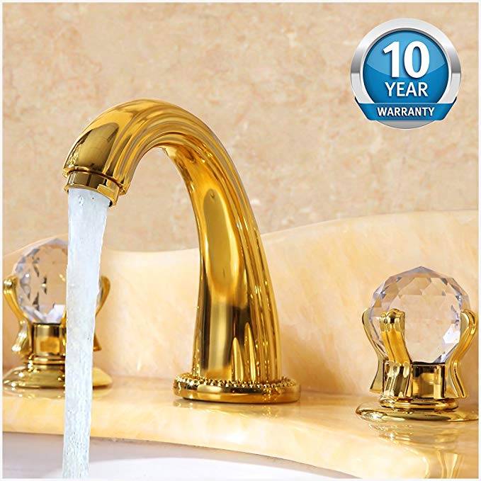 Bathroom Faucet, Luxury Gold Finish Bathroom Sink Faucet with Crystal Knobs, 3 Holes Bath Sink Waterfall Basin Mixer Tap by APOSHION