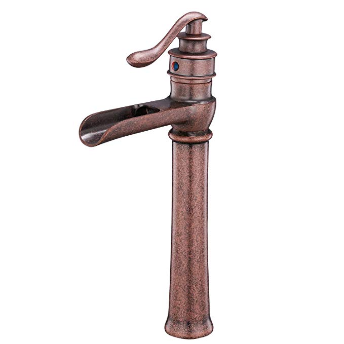 BWE Antique Copper Bathroom Vessel Sink Faucet Waterfall Brass Single Handle Lever Hole Deck Mount Tall Body