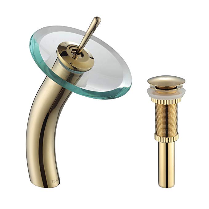 Kraus KGW-1700-PU-10G-CL Single Lever Vessel Glass Waterfall Bathroom Faucet Gold with Clear Glass Disk and Matching Pop Up Drain