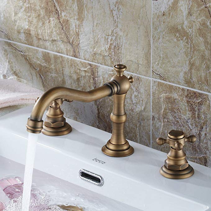 Beelee Double Cross Handles High Arc Widespread Bathroom Sink Faucet (Antique Brass)