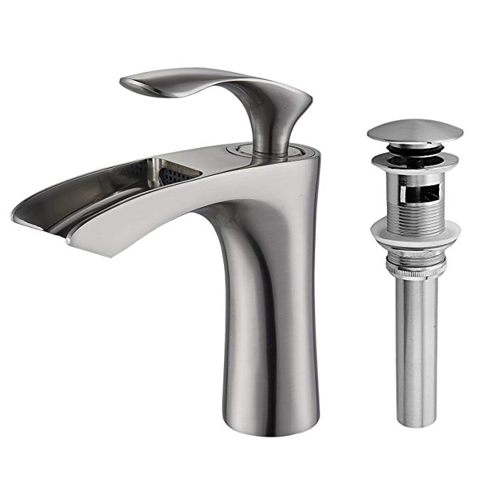 Senlesen Nickel Brushed Single Hole Lever Bathroom Waterfall Spout Vessel Sink Faucet Matching Pop Up Drain With Overflow