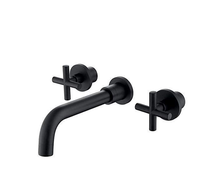 STIGES Matte Black Bathroom Faucet, Double Handle Wall Mount Bathroom Sink Faucet and Rough in Valve Included