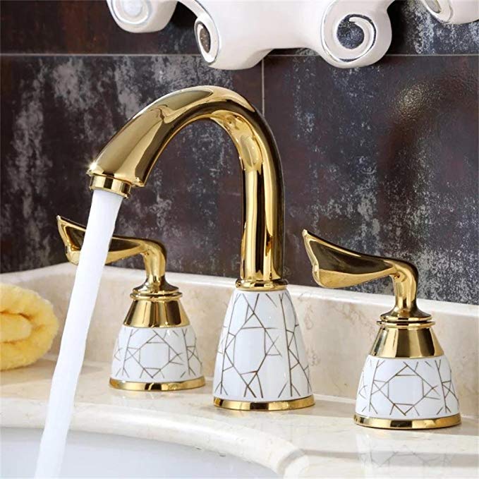 Bakala Two Handle Widespread Lavatory Faucet With Texture Porcelain, Three holes Bright Gold Bathroom Faucet