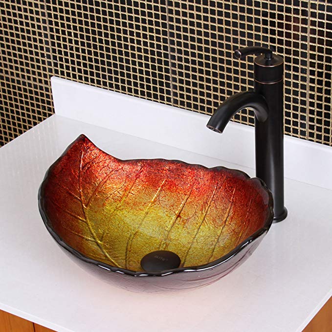 ELITE Summer Leaves Design Tempered Glass Bathroom Vessel Sink & Oil Rubbed Bronze Faucet