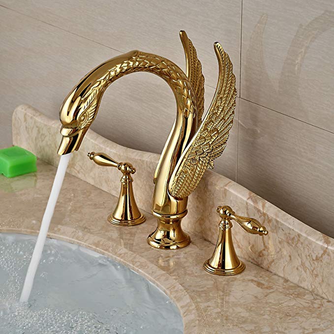 Rozin® Deck Mount Swan Shape Spout Bathroom Sink Faucet Widespread Double Knobs Mixer Tap Gold Finish