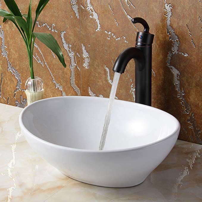 ELITE Bathroom Egg White Ceramic Porcelain Vessel Sink & Oil Rubbed Bronze Finish Single Lever Faucet